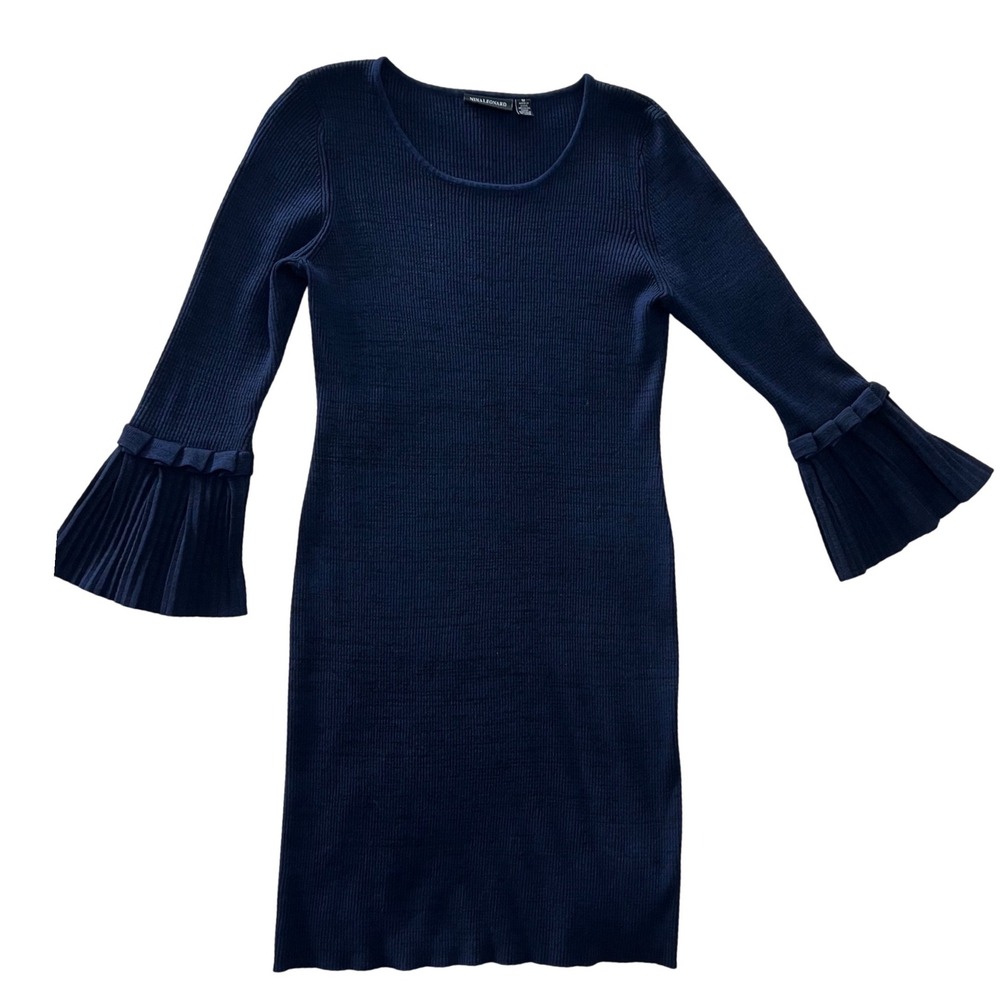 Nina Leonard Navy Blue Ribbed Knit Flare Sleeve Sweater Dress M